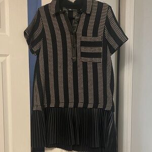 Zara Black and Cream Patterned Knit Dress with Faux Leather Trim